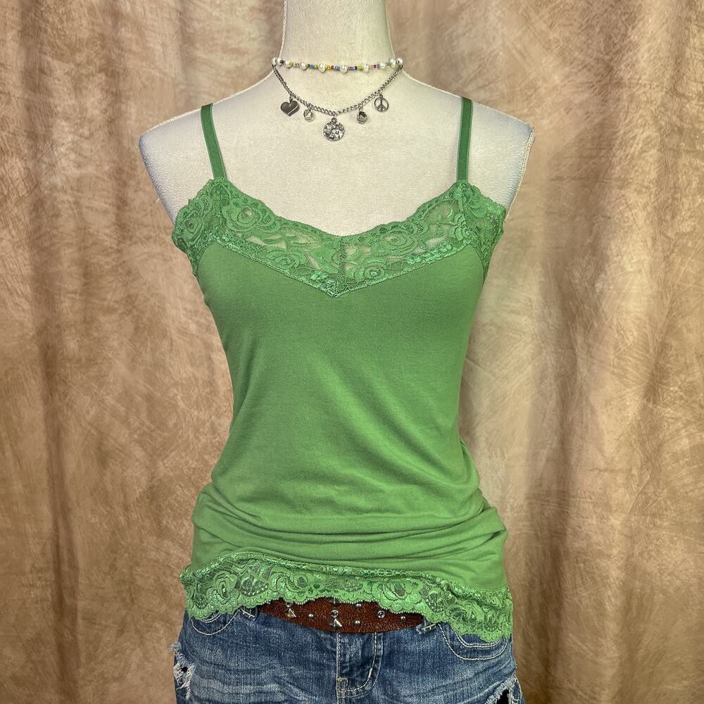 Y2K No Boundaries Cami Tank Top Green Lace Trim Sleeveless Summer Skater 2000s